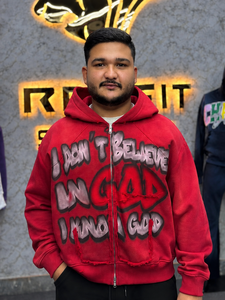 Men's <b>Red</b> Oversized Zip-Up <b>Hoodie</b> Fleece DTG Print Streetwear Letter Design Breathable Knitted Hooded Sweatshirt Winter Wear - Product Image 1