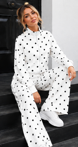 Women's <b>White</b> Polka Dot Knitted <b>2</b> <b>Piece</b> <b>Set</b> Full Length Loose Fit Casual Outfit with Pocket and Stand Collar - Product Image 6