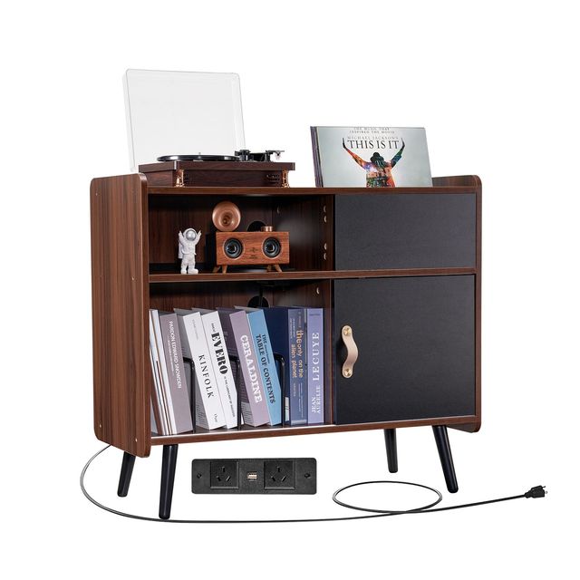 "Vintage Record Player Stand with Power Outlet & 350 Album Capacity"