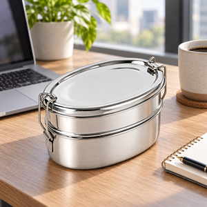 Boîte à lunch ovale à double étage en acier inoxydable, récipient alimentaire étanche avec couvercle pour adultes, école, bureau - Product Image 6