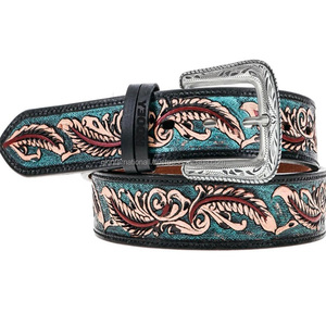 Ceinture fabriquée à la main en cuir occidental usiné à la main de haute qualité cadeau pour hommes avec boucle gravée florale de créateur fabricant en gros - Product Image 2