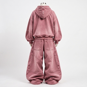 Conjunto de Sudadera con Capucha y Jeans Anchos de Mezclilla Rosa Lavada para Mujer MAATTIERA, Estilo Urbano Oversize, Ropa Personalizada al por Mayor - Product Image 3