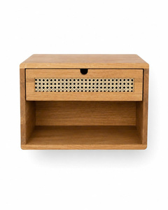 Table de chevet flottante moderne en chêne avec tiroir et panneau en rotin, meuble de chambre en bois massif écologique, design réglable - Product Image 1