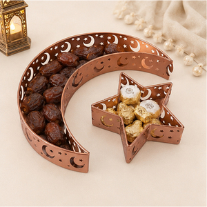 Wholesale Rose <b>Gold</b> Metal Ramadan <b>Tray</b> Set Hollow Out Moon Star Shaped Eid Mubarak <b>Serving</b> Plate Modern Islamic Iftar Party - Product Image 2