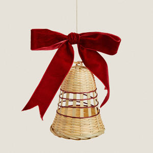 Natural Woven Rattan Decorate Christmas Bell Pouch Featuring <b>Red</b> Velvet <b>Bow</b> And Hanger Loop Art - Product Image 1