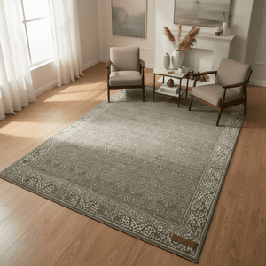 Alfombra de Salón de Lujo Grande, Tejida a Mano con Lana y Seda, con Medallón Antiguo en Tonos Mate de Arena y Dorado - Product Image 1