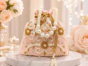 Handmade <b>Pink</b> Cotton Potli <b>Purse</b> Pearl Gold Embroidery Flower Pattern Tassel Customized Design AL MALIK CRAFT for Wedding - Product Image 1
