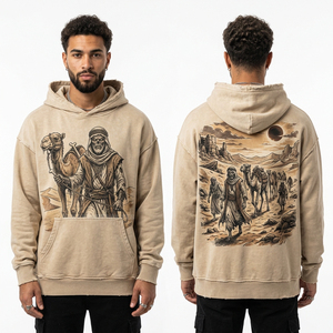 Sweat à capuche oversize beige pour homme, délavage vintage, épais, motif squelette du désert, style nomade, streetwear personnalisé, fabricant - Product Image 1