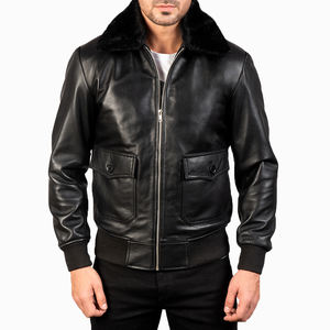 Chaqueta de Cuero Genuino Negra para Hombre, Chaqueta de Cuero de Invierno con Cuello de Piel, Chaqueta de Cuero Casual Clásica, Fabricante Personalizado - Product Image 4
