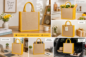 Sac de courses en jute AMANI avec poignée longue, bordure jaune, option logo personnalisé, taille moyenne, pour les courses et les cadeaux - Product Image 6