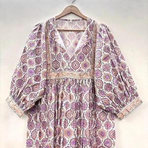 Robe midi décontractée pour femme en coton tissé à imprimé floral, manches ballon, taille empire, style babydoll, col en V oversize, coupe ample - Product Image 2