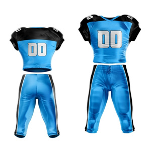 Ensemble maillot et pantalon de football américain bleu et noir, sublimé, col en V, manches courtes, anti-humidité, uniforme ajusté pour hommes - Product Image 2