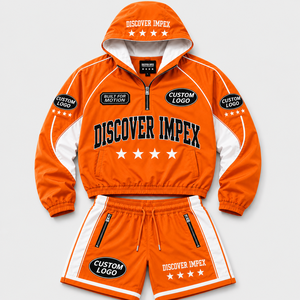Custom Unisex Orange Nylon Short Set Hooded <b>Zip</b> <b>up</b> <b>Jacket</b> Contrast Panel Graphic Print Track Shorts - Product Image 1