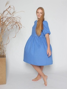 Nouvelle arrivée Robe midi en coton à manches bouffantes, col rond, silhouette en A, écologique, respirante, bleu bleuet, pour femmes, été - Product Image 2