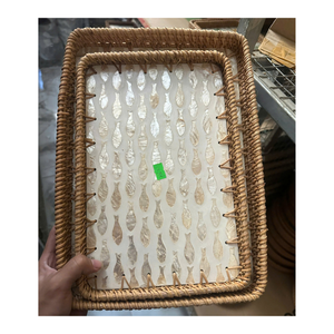Plateau en osier fait main, écologique et durable, avec incrustation décorative de coquillages, adapté aux aliments et de qualité commerciale - Product Image 4