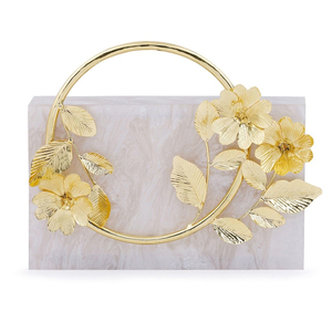Luxury Gold Floral Resin Clutch Bag with Elegant Metal Flower and Leaf Embellishment, Stylish Evening Party Handbag for Women - Product Image 2
