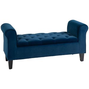 Panca contenitore imbottita in velluto blu con braccioli arrotolati e capitonné, ideale per casa, ufficio, ingresso, appartamento, ospedale - Product Image 1