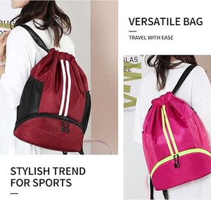 Red Canvas <b>Drawstring</b> <b>Backpack</b> with Mesh Side Pockets and Zippered Bottom Compartment 30-40L for Gym Sports Travel - Product Image 6