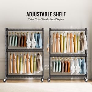 Appendiabiti a 3 livelli su ruote per carichi pesanti, regolabile in altezza, con 2 aste, 2 paia di ganci laterali e 2 ripiani portaoggetti - Product Image 3