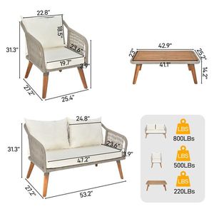 4 Piece All-Weather Outdoor Acacia Wood Patio Furniture Set Includes Loveseat Coffee Table Sofa with Rope Elegant and Moder - Product Image 5