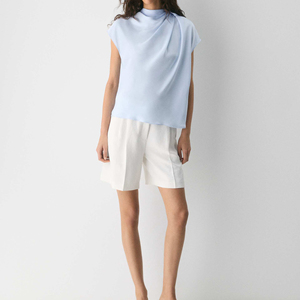 Chemisier décontracté en satin de soie léger à col montant, manches drapées, coupe ample, tissé, couleur unie, pour femme, idéal été-automne - Product Image 5