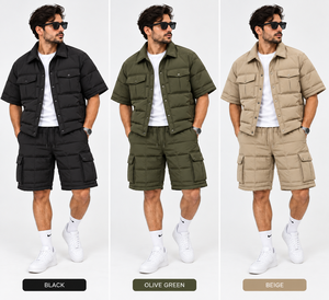 Men's Black <b>Quilted</b> Knitted 140g Short Sleeve <b>Shirt</b> and Shorts Set Turn-Down Collar Thermal Casual Winter Wear - Product Image 6