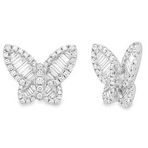 Boucles d'oreilles clous papillon pavées de diamants de laboratoire ronds et baguettes, délicates, minimalistes, de luxe, pour usage quotidien, en or massif 14K 18K - Product Image 3
