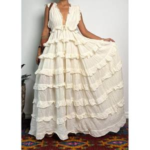 Vestido Maxi Informal de Algodón 100% con Volantes y Escote Profundo en V para Vacaciones en la Playa o Bodas Estilo Boho - Product Image 3