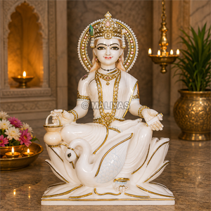 White Marble Saraswati Mata Statue with Swan | Handcrafted Goddess of Knowledge Idol by MALIYAS Jaipur - Product Image 1