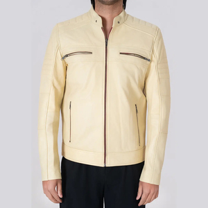 Icon by Gilani <b>Men</b>’s Cream Biker <b>Leather</b> <b>Jacket</b> - Moto Cafe Racer <b>Jacket</b> Cream - Product Image 1