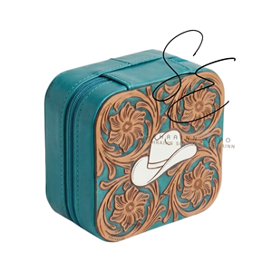 SEHRAINN Turquoise <b>Floral</b> Carved Leather Jewelry <b>Box</b> Velvet Cowboy Hat Design Vintage Portable Vanity Organizer With Mirror - Product Image 2