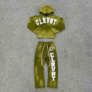 Clothing Manufacturers Custom Distressed <b>Embroidery</b> Summer Heavyweight 100% Cotton Sweatpants Hoodie <b>Set</b> Tracksuit Men Low MOQ - Product Image 2