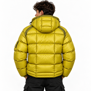 Chaqueta de plumón con capucha amarilla personalizada para hombre, a prueba de viento, informal, para invierno, con cierre de cremallera y logotipo en la manga. - Product Image 2