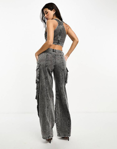 High Quality OEM Denim <b>Parker</b> Pants for <b>Women</b> Acid Washed Box Pockets Low Waist Hip Hop Fashion Flared Oversized Trousers - Product Image 2