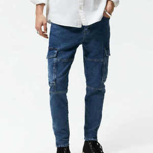 <b>High</b> <b>Waist</b> Slim Fit Cargo Denim <b>Jeans</b> <b>Men</b> Solid Blue Utility Style Midweight Cotton Autumn Wear - Product Image 5