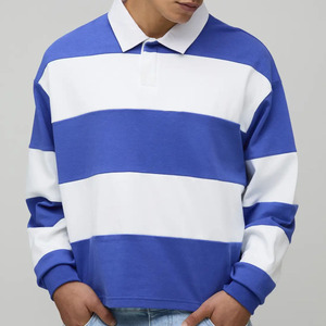 เสื้อโปโลถักลายทางสไตล์รักบี้แขนยาวไซส์ใหญ่สำหรับผู้ชายรุ่นใหม่ล่าสุด สีบลูไวท์ คอตตอน  ลำลอง - Product Image 1