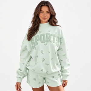 Sweat-shirt à col montant personnalisé pour femme, motif floral Daisy, imprimé nœud, ensemble deux pièces avec short assorti, coupe décontractée, tenue décontractée - Product Image 2