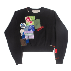 Sweat-shirt noir à col rond pour femme avec design en patchwork appliqué, manches longues, tricot en coton, style décontracté, vêtements d'automne - Product Image 1