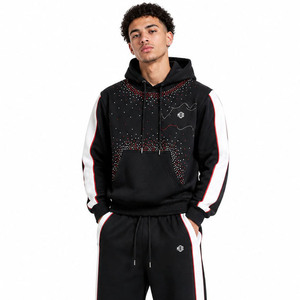 Colorblock Stripe Panel Rhinestone Custom Design Hoodie and Jogger Men's Tracksuit Set with Soft Heavy Fabric Warm Oversized Fit - Product Image 2