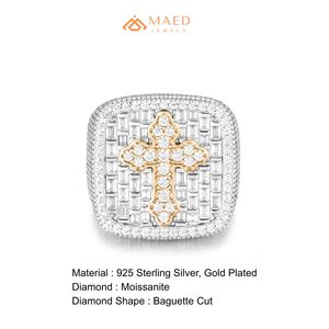14K Gold Plated Moissanite Cross <b>Ring</b> <b>Men</b> Hip Hop Iced Out Baguette Statement <b>Ring</b> Luxury Streetwear Jewelry - Product Image 6