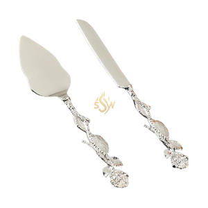 Nouvel ensemble de couteau et spatule à gâteau de mariage en acier inoxydable, avec manche floral, pour la présentation de gâteaux - Product Image 5