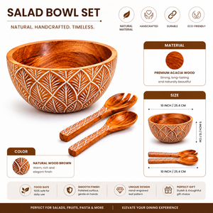 Ensemble de saladiers en bois faits à la main avec cuillères de service |   Grand bol rond à motif de feuilles sculptées pour fruits, légumes, pâtes, collations - Product Image 4