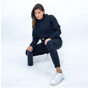 Custom Women Black Short Hooded <b>Velvet</b> Sweatshirt Jogger <b>Tracksuit</b> Two Piece Casual Winter Sportswear Apparel Set - Product Image 2