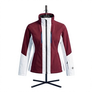 Chaqueta de esquí para mujer con bloques de color, impermeable, cuello alto, cierre de cremallera, material Gore-Tex, blanco y burdeos - Product Image 1