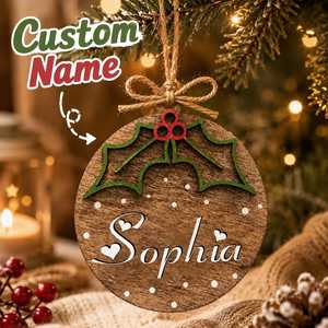 Ornement de Noël en bois personnalisé, décor de fête rustique circulaire, gravé avec le nom Sophia, motif cœur, à suspendre au mur - Product Image 1