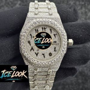 นาฬิกาข้อมือผู้ชาย Ice Look หรูหรา สายสแตนเลส หน้าปัดกลม 40 มม. ระบบควอตซ์ แสดงวันที่ ตัวล็อคแบบพับ สไตล์เพชร - Product Image 5