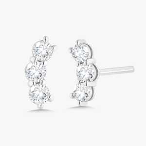 Bar Stud Earrings 14K Solid Gold Round Cut Lab Grown Diamonds <b>Push</b> Back Geometric Curved Dainty Minimalist Everyday Wear Jewelry - Product Image 3