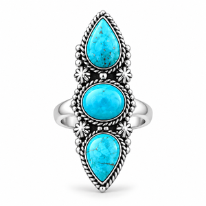 Anillo Ajustable de Turquesa Mohave Estilo Bohemio Occidental Hecho a Mano con 2 Perlas y 1 Piedra Ovalada, Joyería de Gema de Declaración - Product Image 1