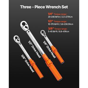 Jeu de clés dynamométriques à cliquet bidirectionnel 3 pièces, embouts 1/4, 3/8, 1/2 pouce, 10-170-20-240 lb-pi pour outils d'atelier - Product Image 2