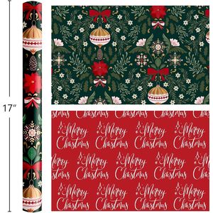 Rotolo di Carta da Regalo Verde Natalizia Reversibile con Lamina Metallizzata Lucida, Campanelle, Fiocchi, Pigne, Bacche e Design con Lettere Rosse - Forniture per le Feste - Product Image 1